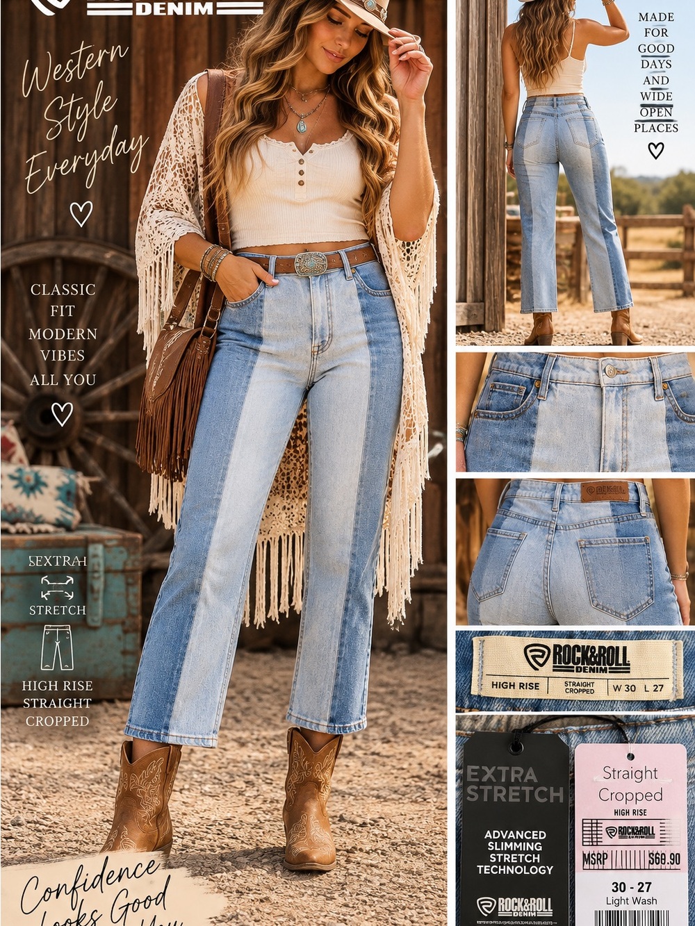 Rock & Roll Denim Two Tone Straight Crop Jeans NWT | 30x27 | MSRP $69.99